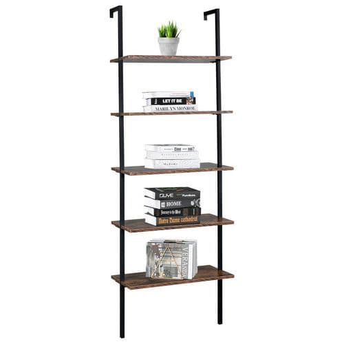 image-Industrial Wall Mounted Bookcase 5-Tier Open Ladder Shelf Bookshelf with Metal Frame, 23.6" L x 11.8" W x 70.9" H