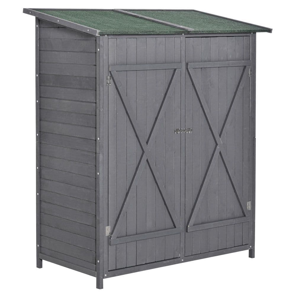 image-Garden Wood Storage Shed Storage Table, Asphalt Roof Storage Tool Organizer