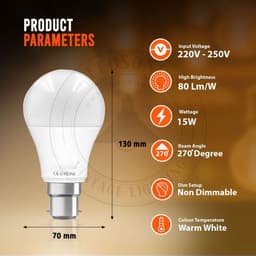 image-B22 15W Energy Saving Warm White LED Light Bulbs A60 B22 Screw-in non dimmable bulbs-pack 2
