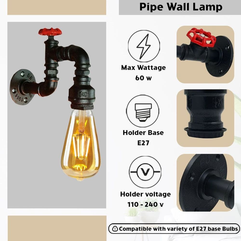 image-Black Vintage Retro Lamp WallLight E27 60W Dimmable Non Dimmable Bulb