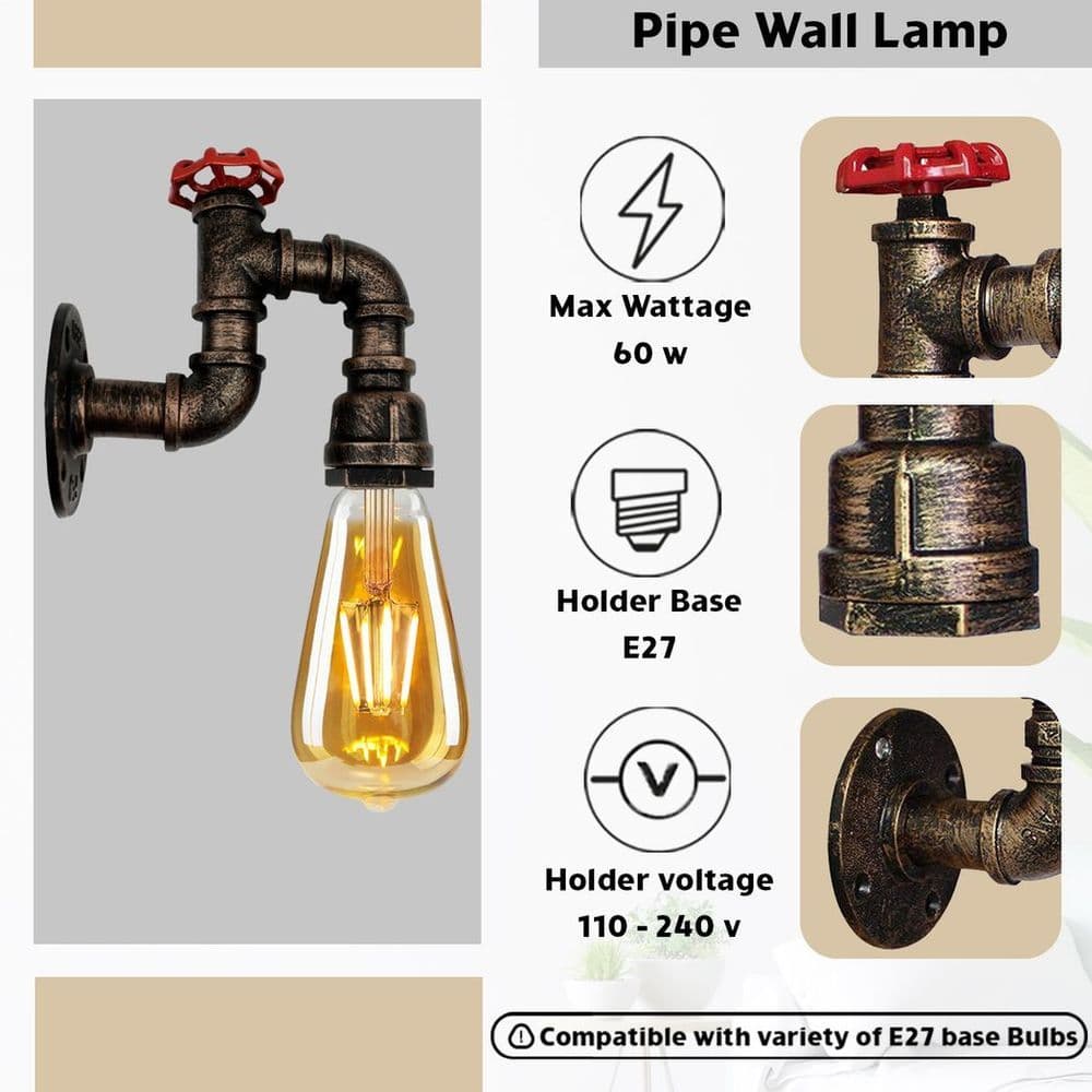 image-Brushed Copper Vintage Retro Lamp WallLight E27 60W Dimmable Non Dimmable Bulb