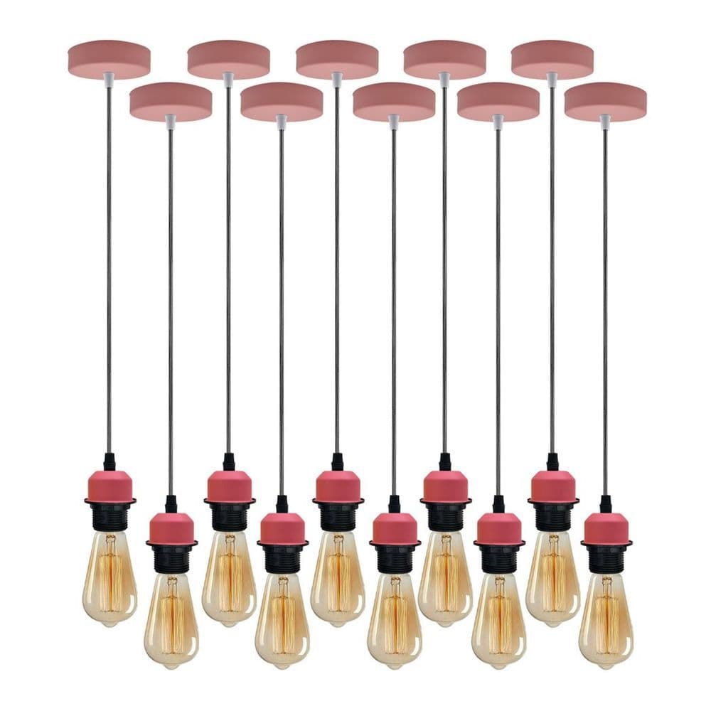 image-10 Pack Industrial Pendant Light, Lampshade Addable E27 Lamp Holder Light, E27 UK Holder Fitting Set With PVC Cable