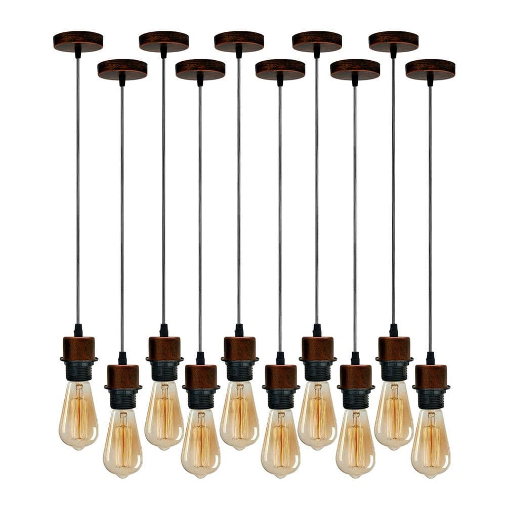 image-10 Pack Industrial Rustic Red Pendant Light, Lampshade Addable E27 Lamp Holder Light, E27 UK Holder Set With PVC Cable.