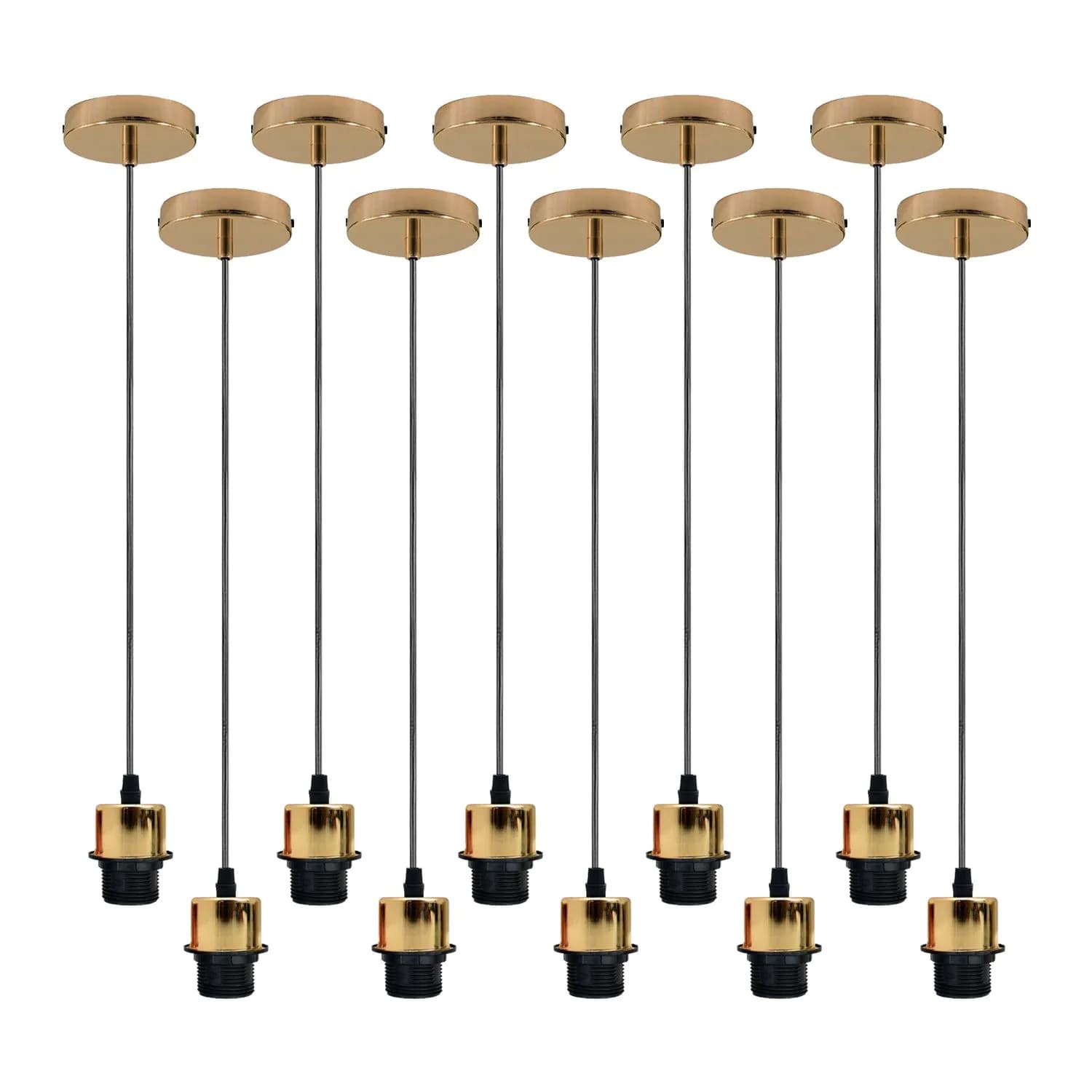 image-10 Pack Industrial French Gold Pendant Light, Lampshade Addable E27 Lamp Holder Light, E27 UK Holder Set With PVC Cable.