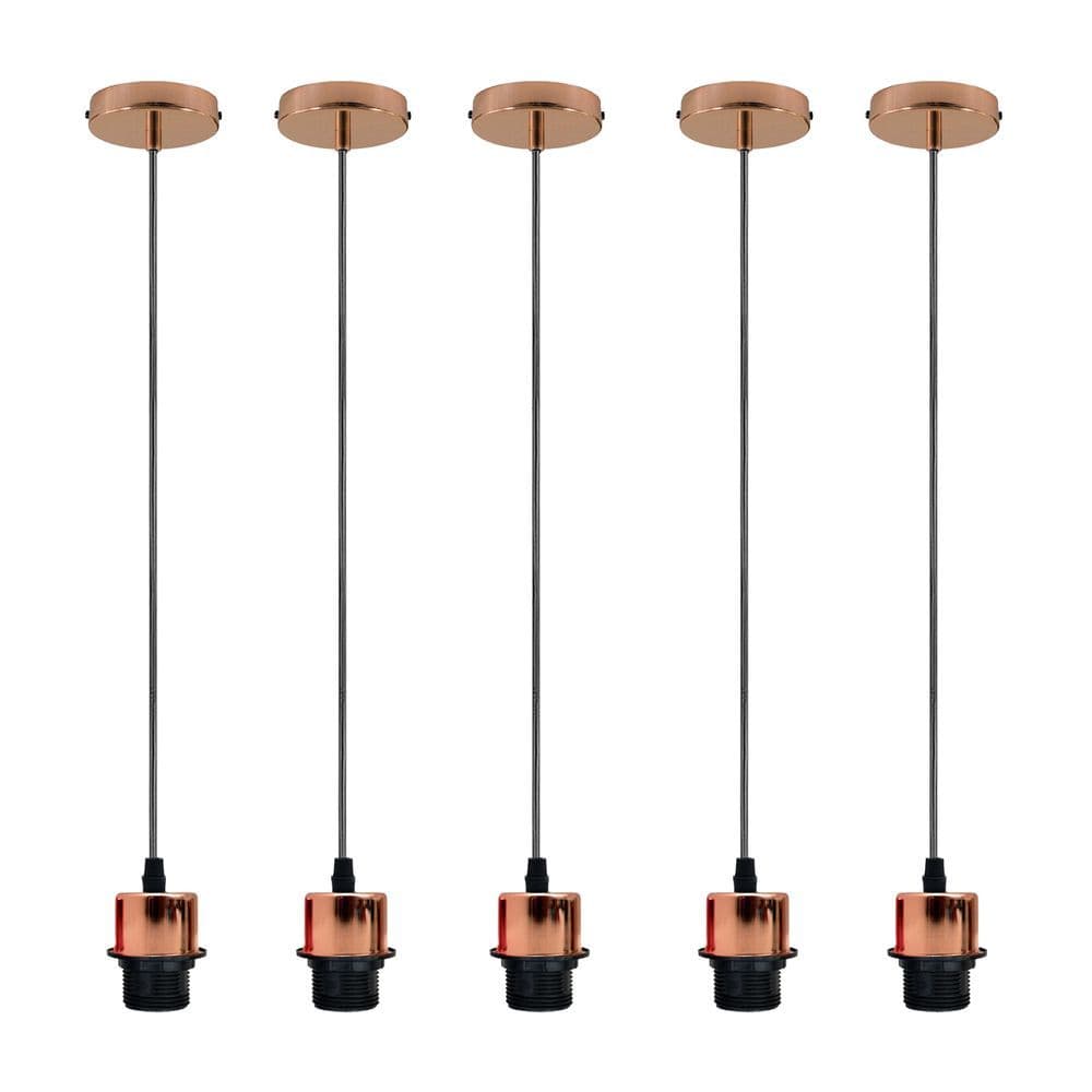 image-5 Pack Industrial Rose Gold Pendant Light, Lampshade Addable E27 Lamp Holder Light, E27 UK Holder Set With PVC Cable.