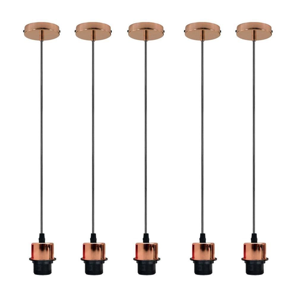 image-5 Pack Industrial Rose Gold Pendant Light, Lampshade Addable E27 Lamp Holder Light, E27 UK Holder Set With PVC Cable.