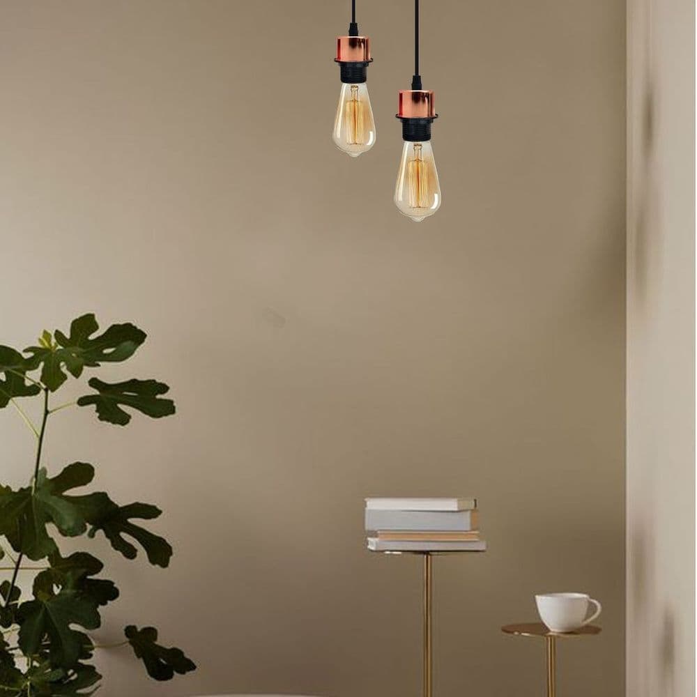 image-5 Pack Industrial Rose Gold Pendant Light, Lampshade Addable E27 Lamp Holder Light, E27 UK Holder Set With PVC Cable.