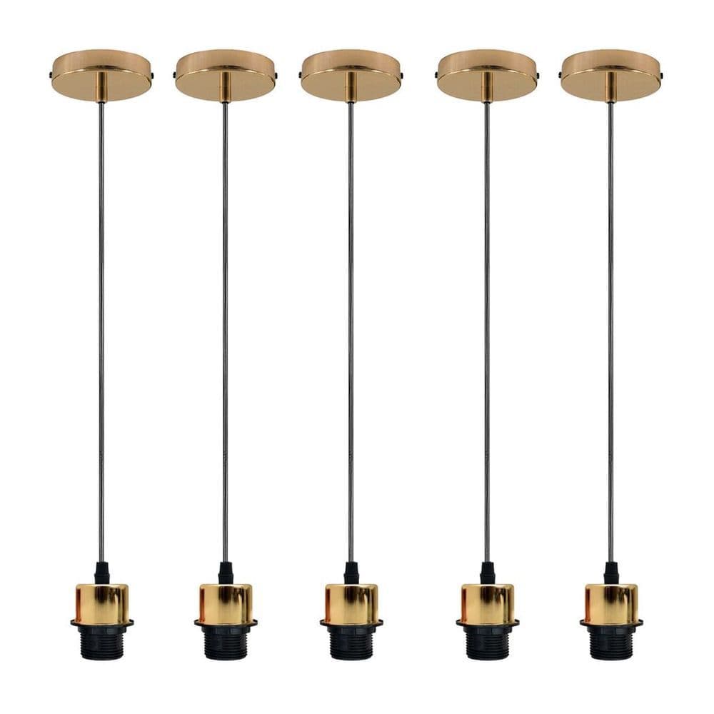 image-5 Pack Industrial French Gold Pendant Light, Lampshade Addable E27 Lamp Holder Light, E27 UK Holder Set With PVC Cable.