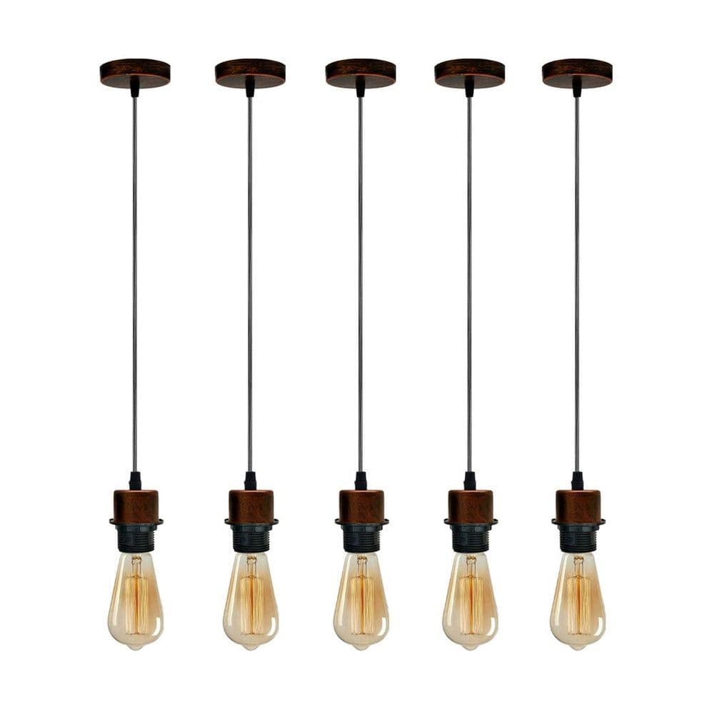 image-5 Pack Industrial Rustic Red Pendant Light, Lampshade Addable E27 Lamp Holder Light, E27 UK Holder Set With PVC Cable.