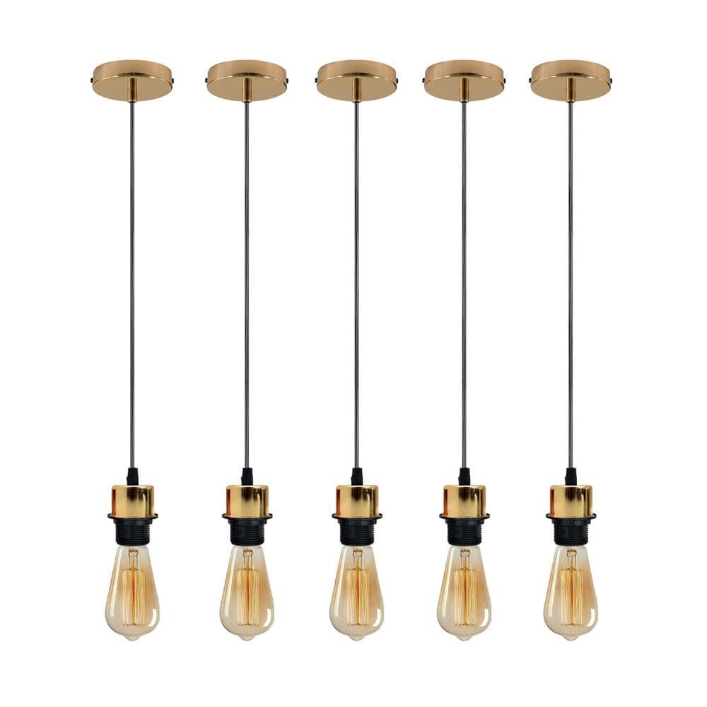 image-5 Pack Industrial French Gold Pendant Light, Lampshade Addable E27 Lamp Holder Light, E27 UK Holder Set With PVC Cable.