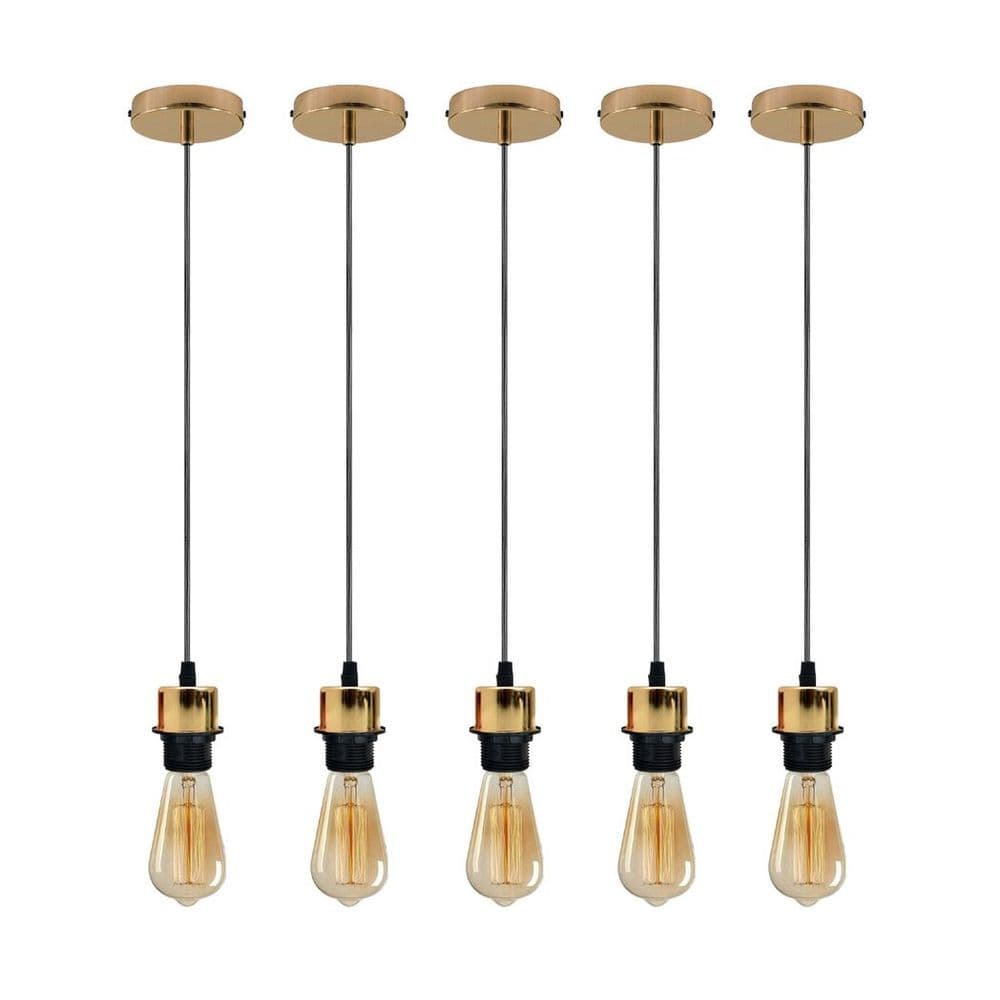 image-5 Pack Industrial French Gold Pendant Light, Lampshade Addable E27 Lamp Holder Light, E27 UK Holder Set With PVC Cable.