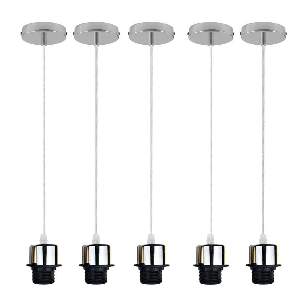image-5 Pack Industrial Chrome Pendant Light, Lampshade Addable E27 Lamp Holder Light, E27 UK Holder Set With PVC Cable.