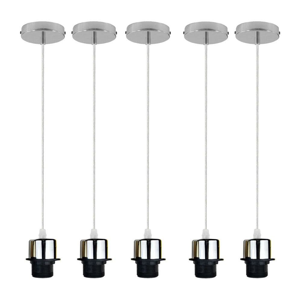 image-5 Pack Industrial Chrome Pendant Light, Lampshade Addable E27 Lamp Holder Light, E27 UK Holder Set With PVC Cable.