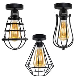 image-Vintage Industrial Geometric Shaped Wire Cage Ceiling Light Metal Round Ceiling Rose E27 Light 60W Lighting Bulb Holder