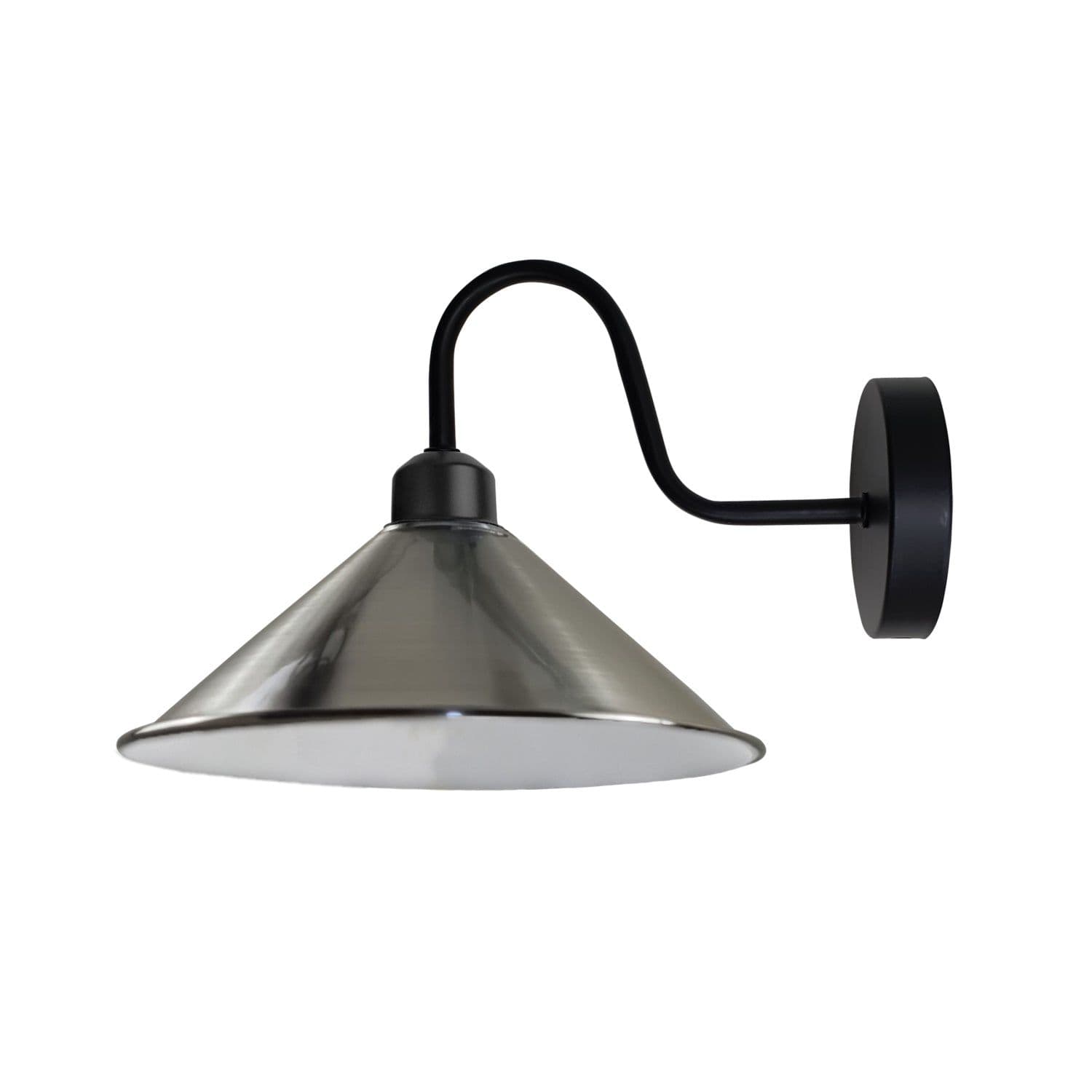 image-Satin Nickel Wall Light Fixture,Black Wall Sconce E27 Base Socket Screw Type Wall Mounted Swan Neck Cone Shape Shade