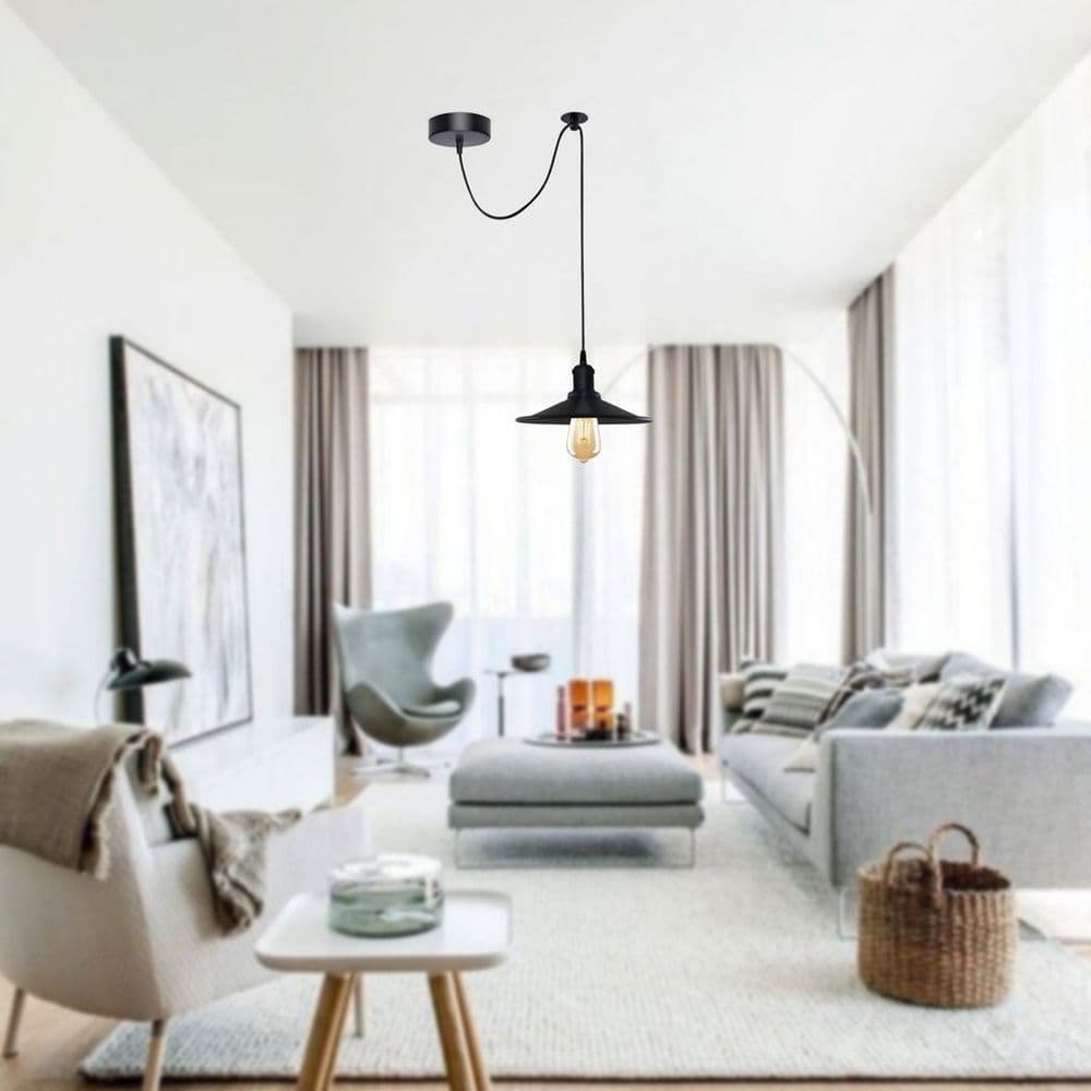 image-Black Vintage Cone shaped shade Ceiling Pendant Light Fitting with Adjustable Cord Light Fixture