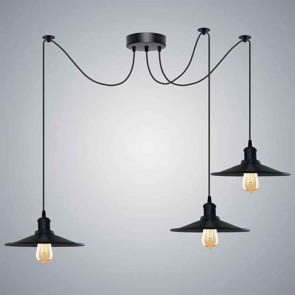 image-Black Vintage 3 Head Cone shaped shade Ceiling Pendant Light Fitting with Adjustable Cord Hanging Light Fixture