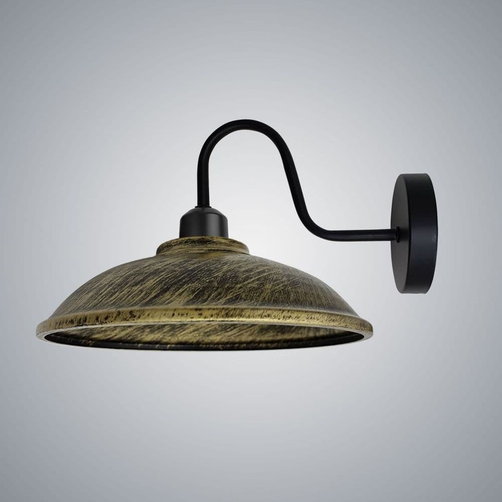 image-Brushed Brass Wall Light Fixture, Black Wall Sconce E27 Base Socket Screw Wall Mounted Swan Neck Hemisphere Shape Shade