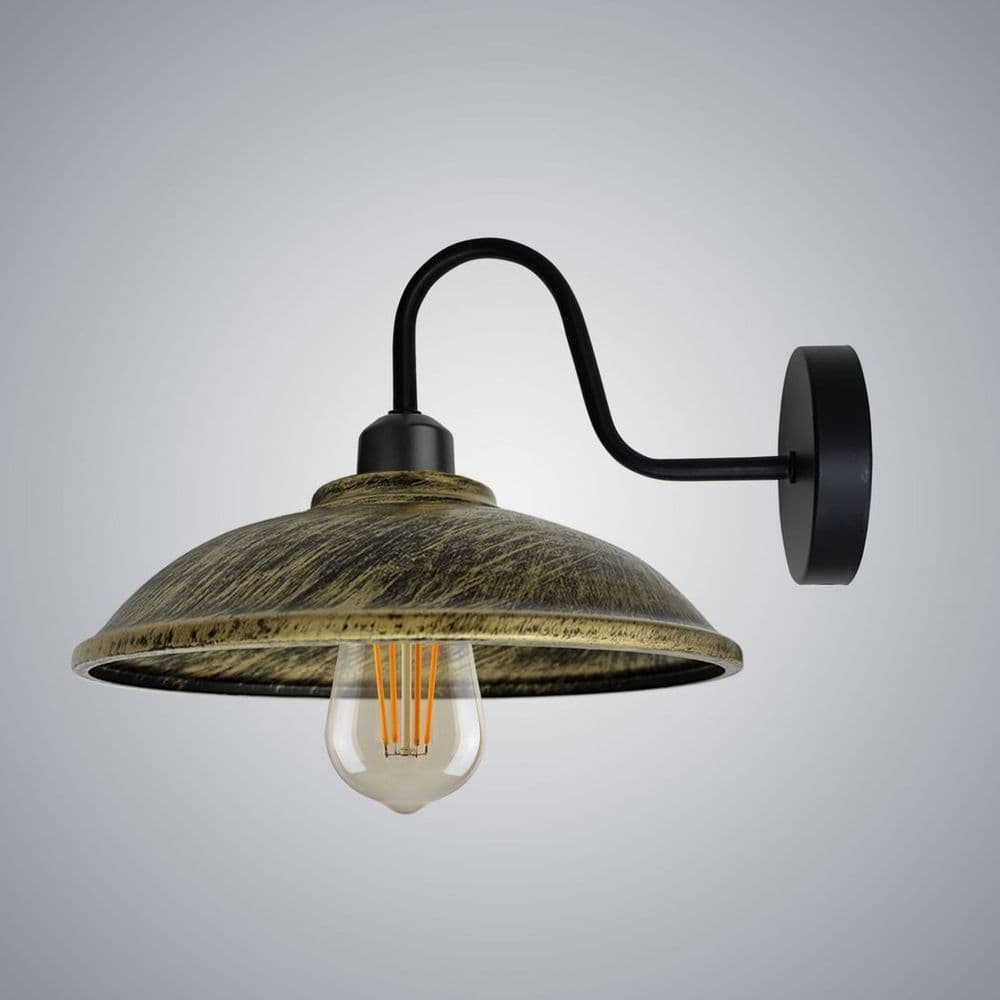 image-Brushed Brass Wall Light Fixture, Black Wall Sconce E27 Base Socket Screw Wall Mounted Swan Neck Hemisphere Shape Shade