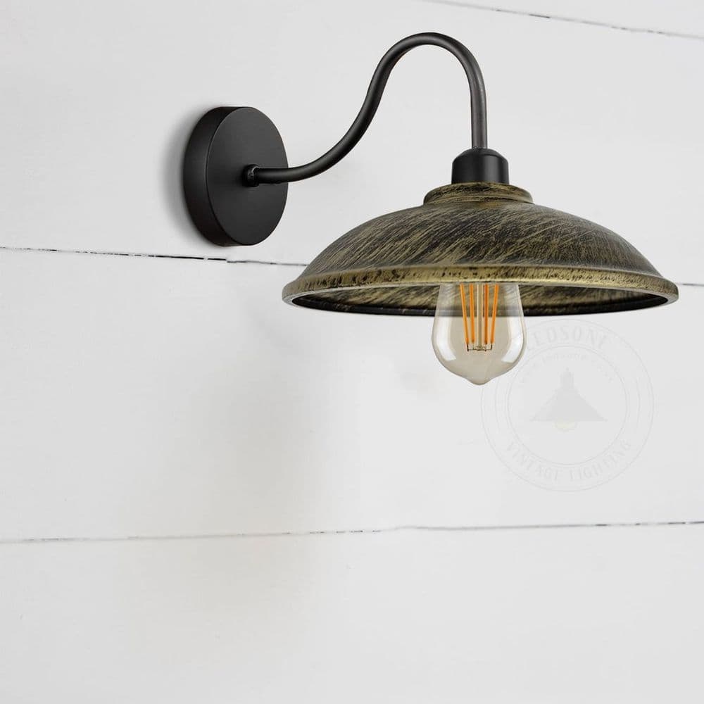 image-Brushed Brass Wall Light Fixture, Black Wall Sconce E27 Base Socket Screw Wall Mounted Swan Neck Hemisphere Shape Shade