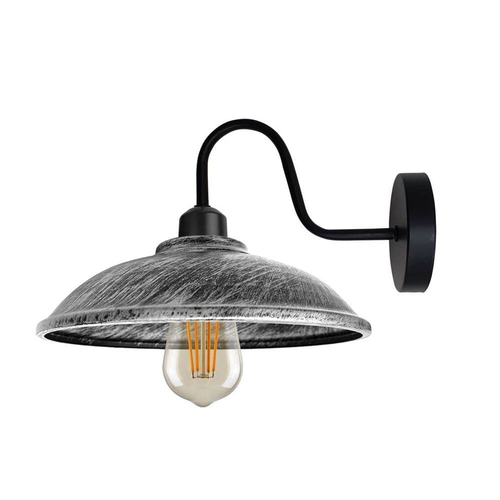 image-Brushed Silver Wall Light Fixture, Vintage Black Wall Sconce E27 Base Socket Screw Wall Swan Neck Hemisphere Shape Shade