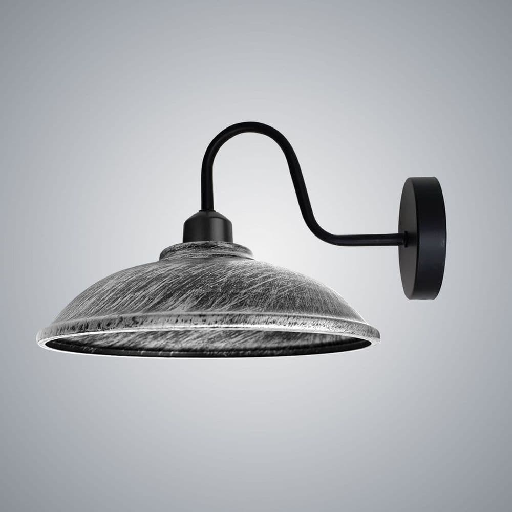 image-Brushed Silver Wall Light Fixture, Vintage Black Wall Sconce E27 Base Socket Screw Wall Swan Neck Hemisphere Shape Shade