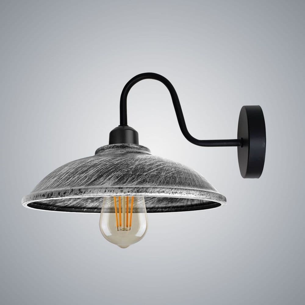 image-Brushed Silver Wall Light Fixture, Vintage Black Wall Sconce E27 Base Socket Screw Wall Swan Neck Hemisphere Shape Shade