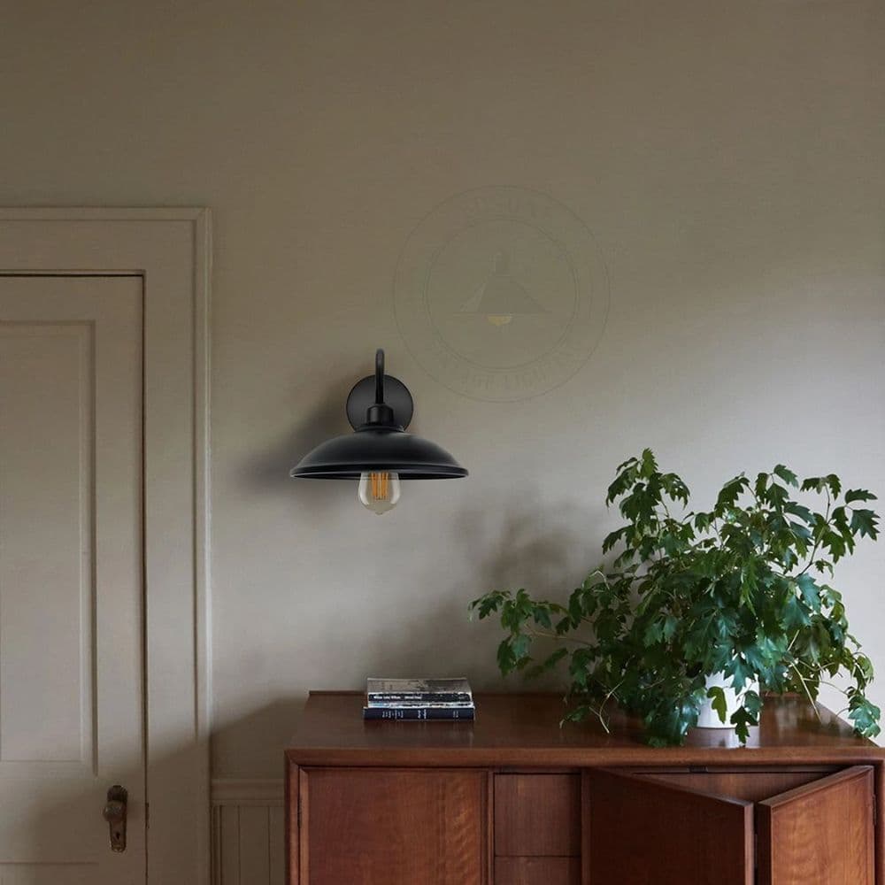 image-Black Wall Light Fixture, Vintage Black Wall Sconce E27 Base Socket Screw Wall Swan Neck Hemisphere Shape Shade
