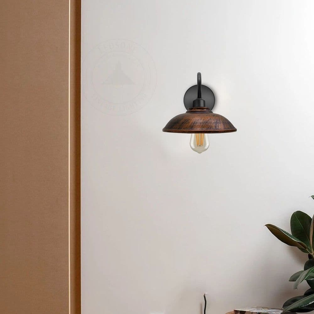 image-Brushed Copper Wall Light Fixture, Black Wall Sconce E27 Base Socket Screw Wall Swan Neck Hemisphere Shape Shade