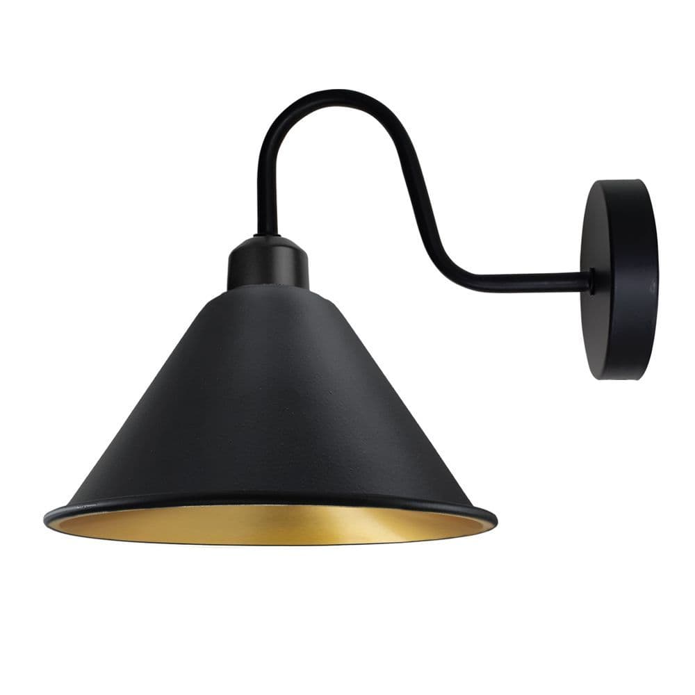 image-Black Gold inner Vintage Wall Light Fixture Black Wall Sconce E27 Socket Screw Wall Mounted Swan Neck Cone Shape Shade