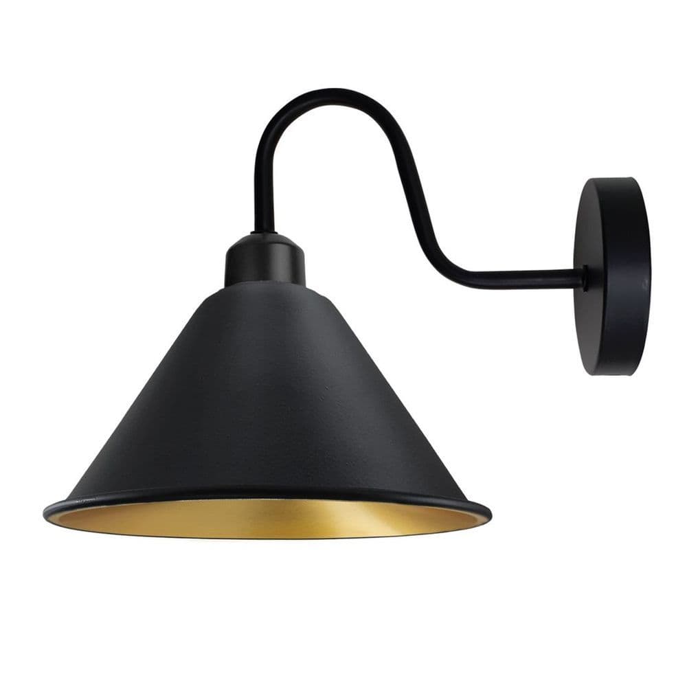 image-Black Gold inner Vintage Wall Light Fixture Black Wall Sconce E27 Socket Screw Wall Mounted Swan Neck Cone Shape Shade