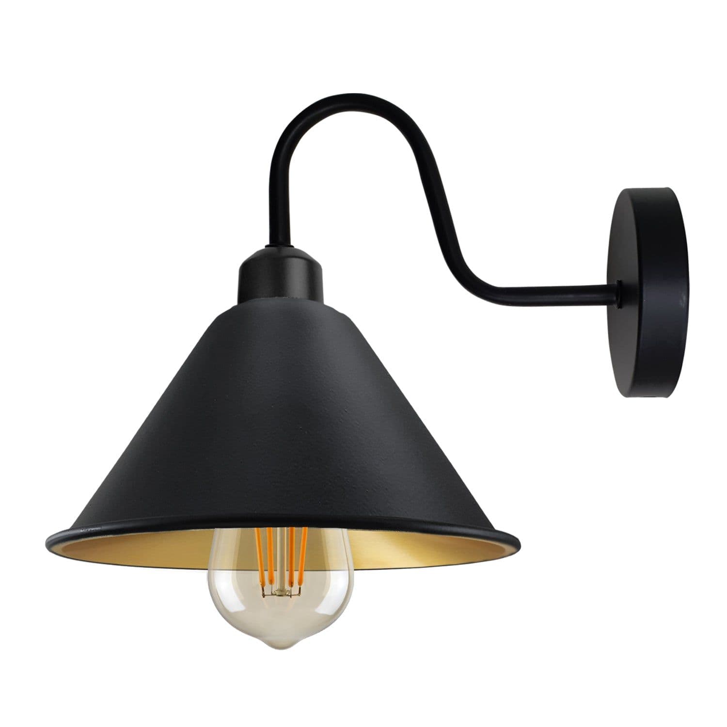 image-Black Gold inner Vintage Wall Light Fixture Black Wall E27 Base Socket Screw Wall Mounted Swan Neck Cone Shape Shade