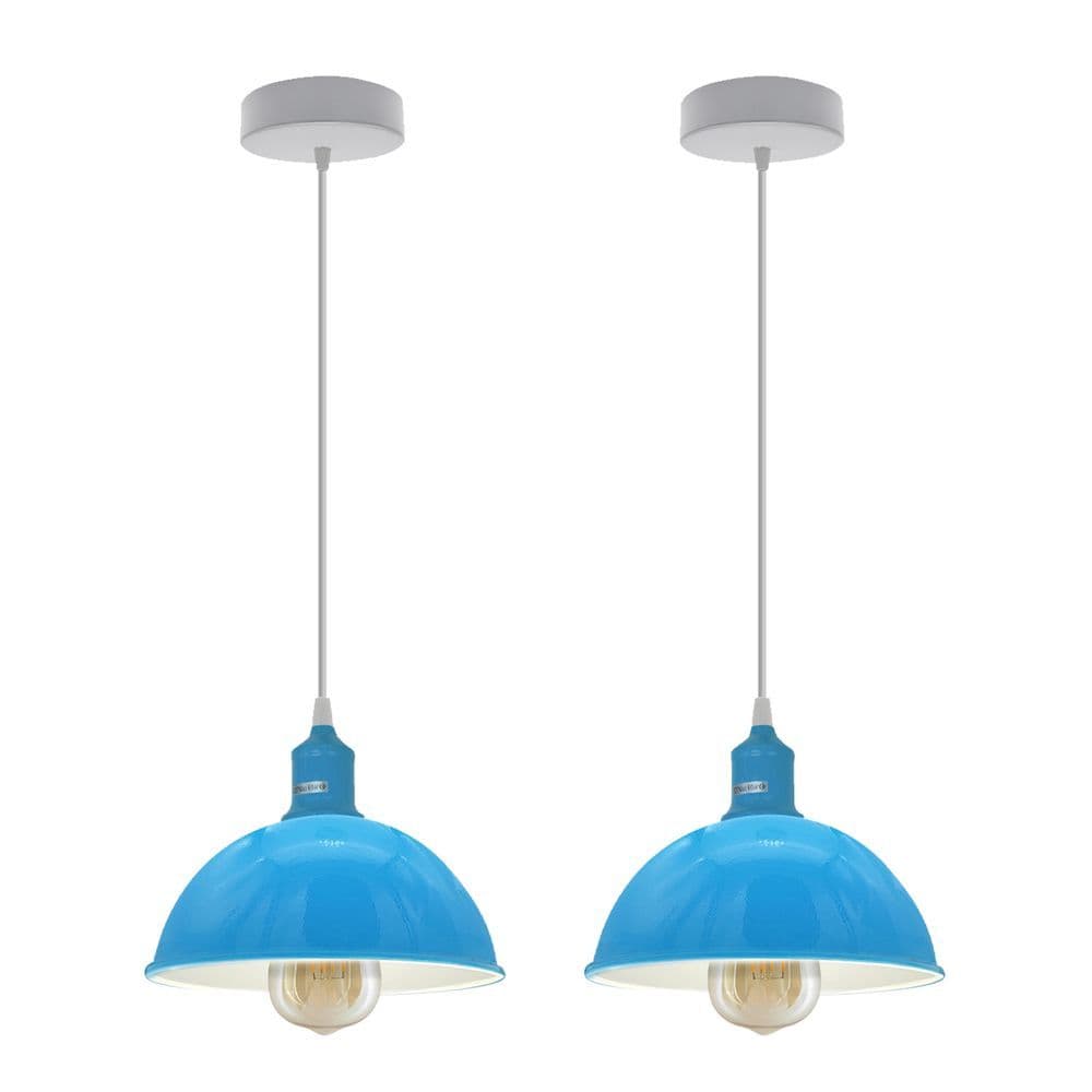 image-2Pack Dome Shaped Blue Loft Style Sturdy Metal Lamp Shade Pendant Lights 21cm Bottom Spray Painted Finish Inner White