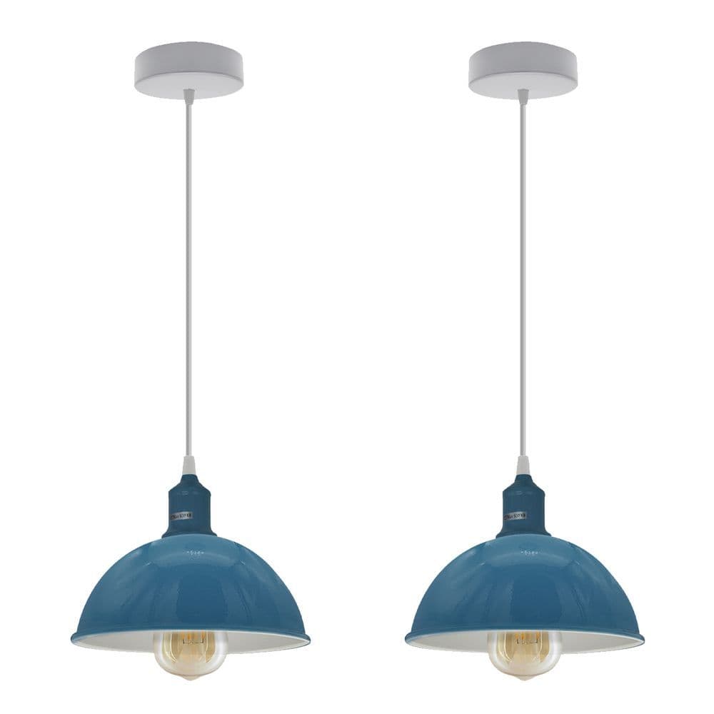 image-2Pack Dome Shaped Cyan Blue Loft Sturdy Metal Lamp Shade Pendant Light 21cm Bottom Spray Painted Finish Inner White
