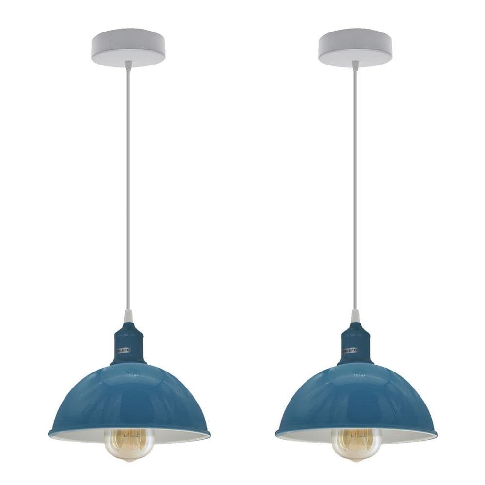 image-2Pack Dome Shaped Cyan Blue Loft Sturdy Metal Lamp Shade Pendant Light 21cm Bottom Spray Painted Finish Inner White