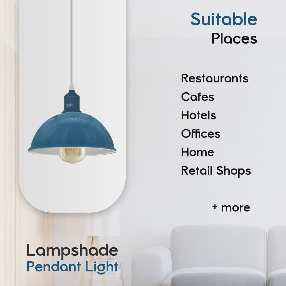 image-2Pack Dome Shaped Cyan Blue Loft Sturdy Metal Lamp Shade Pendant Light 21cm Bottom Spray Painted Finish Inner White