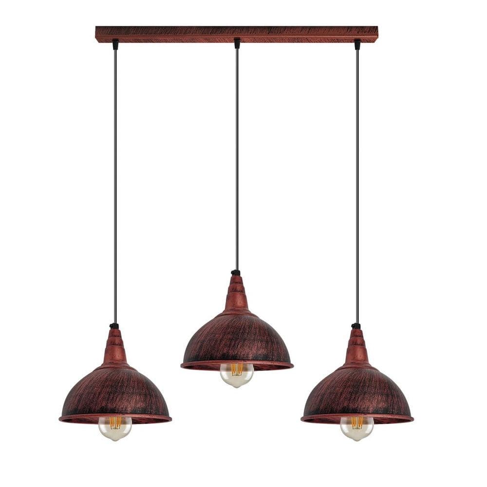 image-Vintage Industrial Rustic Red 3 Head Reactangle Pendant Cord E27 Base Metal Brushed Light Fitting Small Dome Lamp Shade