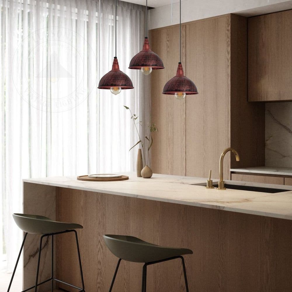 image-Vintage Industrial Rustic Red 3 Head Reactangle Pendant Cord E27 Base Metal Brushed Light Fitting Small Dome Lamp Shade