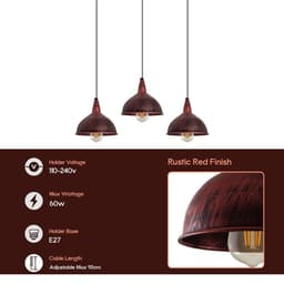 image-Vintage Industrial Rustic Red 3 Head Reactangle Pendant Cord E27 Base Metal Brushed Light Fitting Small Dome Lamp Shade