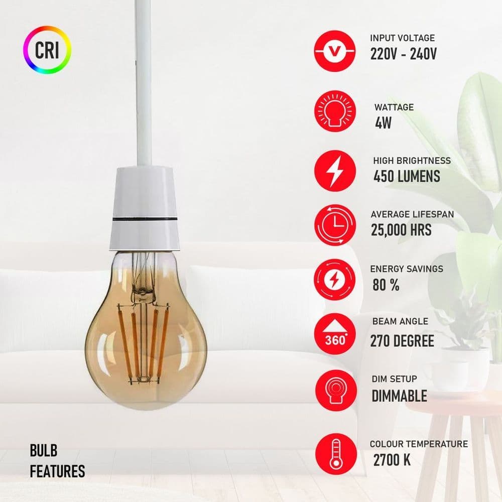 image-2 Pack A60 B22 4W Bayonet Style LED filament Retro Amber light bulb Warm white glass bulbs 2700K Light Bulbs