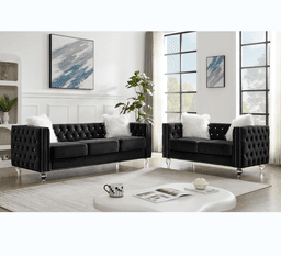 image-Beige, 2+3 Seat Sofa Set, Velvet Crystal Buckle Upholstery Sofa, Crystal Feet, Removable Cushion, Four Plush Pillow