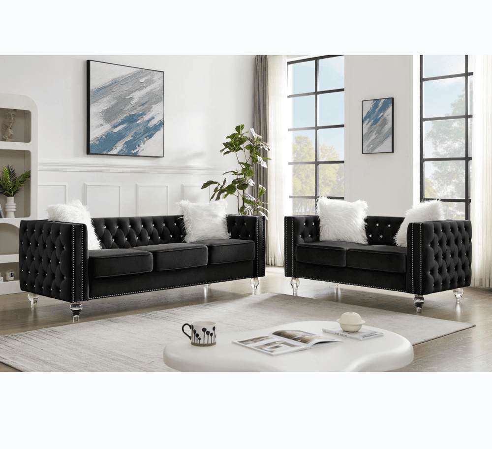 image-Beige, 2+3 Seat Sofa Set, Velvet Crystal Buckle Upholstery Sofa, Crystal Feet, Removable Cushion, Four Plush Pillow