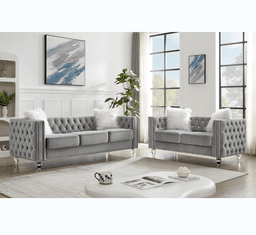 image-Beige, 2+3 Seat Sofa Set, Velvet Crystal Buckle Upholstery Sofa, Crystal Feet, Removable Cushion, Four Plush Pillow
