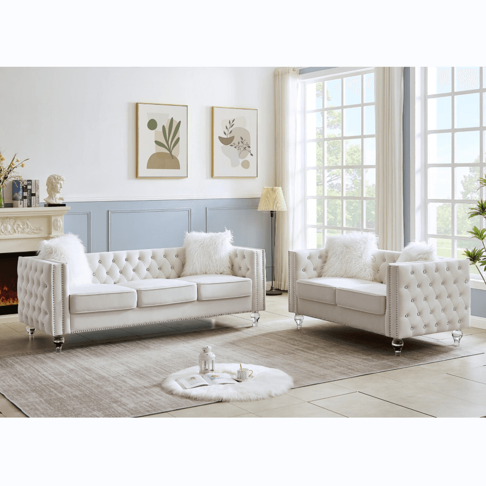 image-Beige, 2+3 Seat Sofa Set, Velvet Crystal Buckle Upholstery Sofa, Crystal Feet, Removable Cushion, Four Plush Pillow