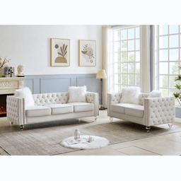 image-Beige, 2+3 Seat Sofa Set, Velvet Crystal Buckle Upholstery Sofa, Crystal Feet, Removable Cushion, Four Plush Pillow