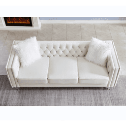 image-Beige, 2+3 Seat Sofa Set, Velvet Crystal Buckle Upholstery Sofa, Crystal Feet, Removable Cushion, Four Plush Pillow