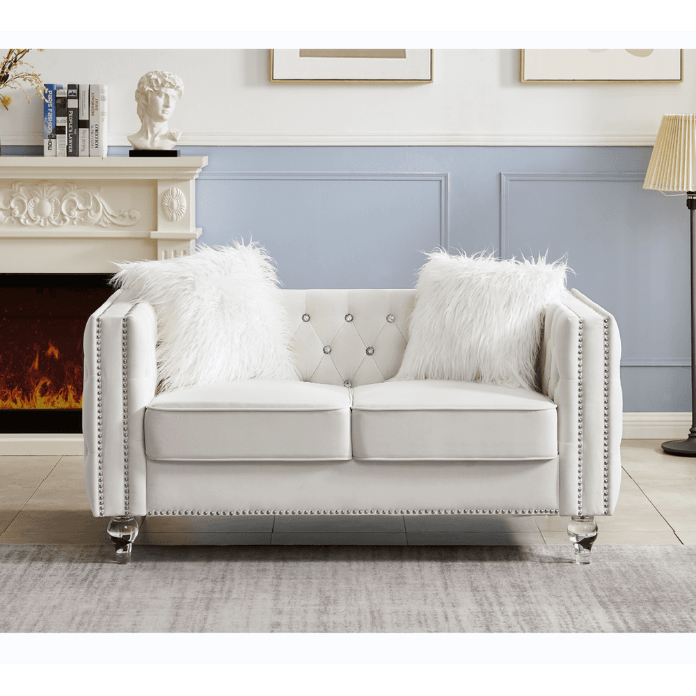 image-Beige, 2+3 Seat Sofa Set, Velvet Crystal Buckle Upholstery Sofa, Crystal Feet, Removable Cushion, Four Plush Pillow
