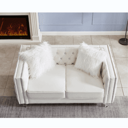 image-Beige, 2+3 Seat Sofa Set, Velvet Crystal Buckle Upholstery Sofa, Crystal Feet, Removable Cushion, Four Plush Pillow