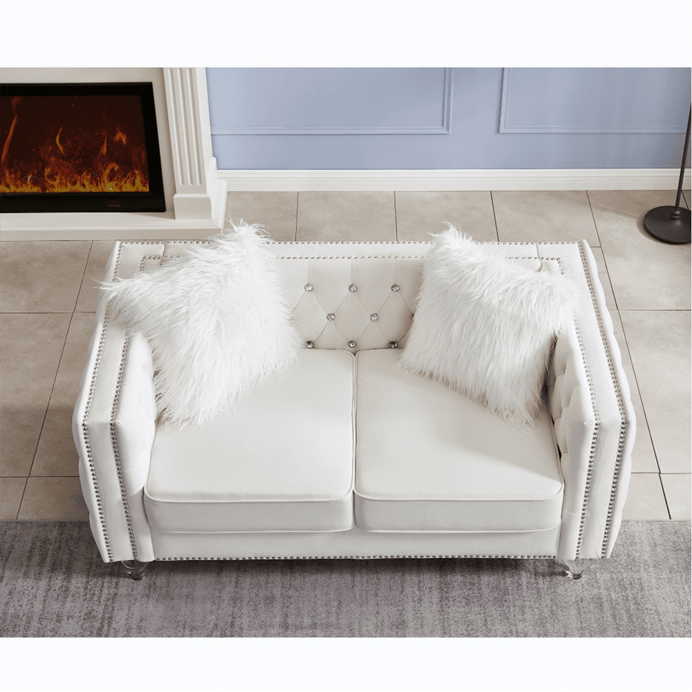 image-Beige, 2+3 Seat Sofa Set, Velvet Crystal Buckle Upholstery Sofa, Crystal Feet, Removable Cushion, Four Plush Pillow