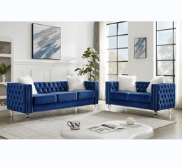 image-Beige, 2+3 Seat Sofa Set, Velvet Crystal Buckle Upholstery Sofa, Crystal Feet, Removable Cushion, Four Plush Pillow